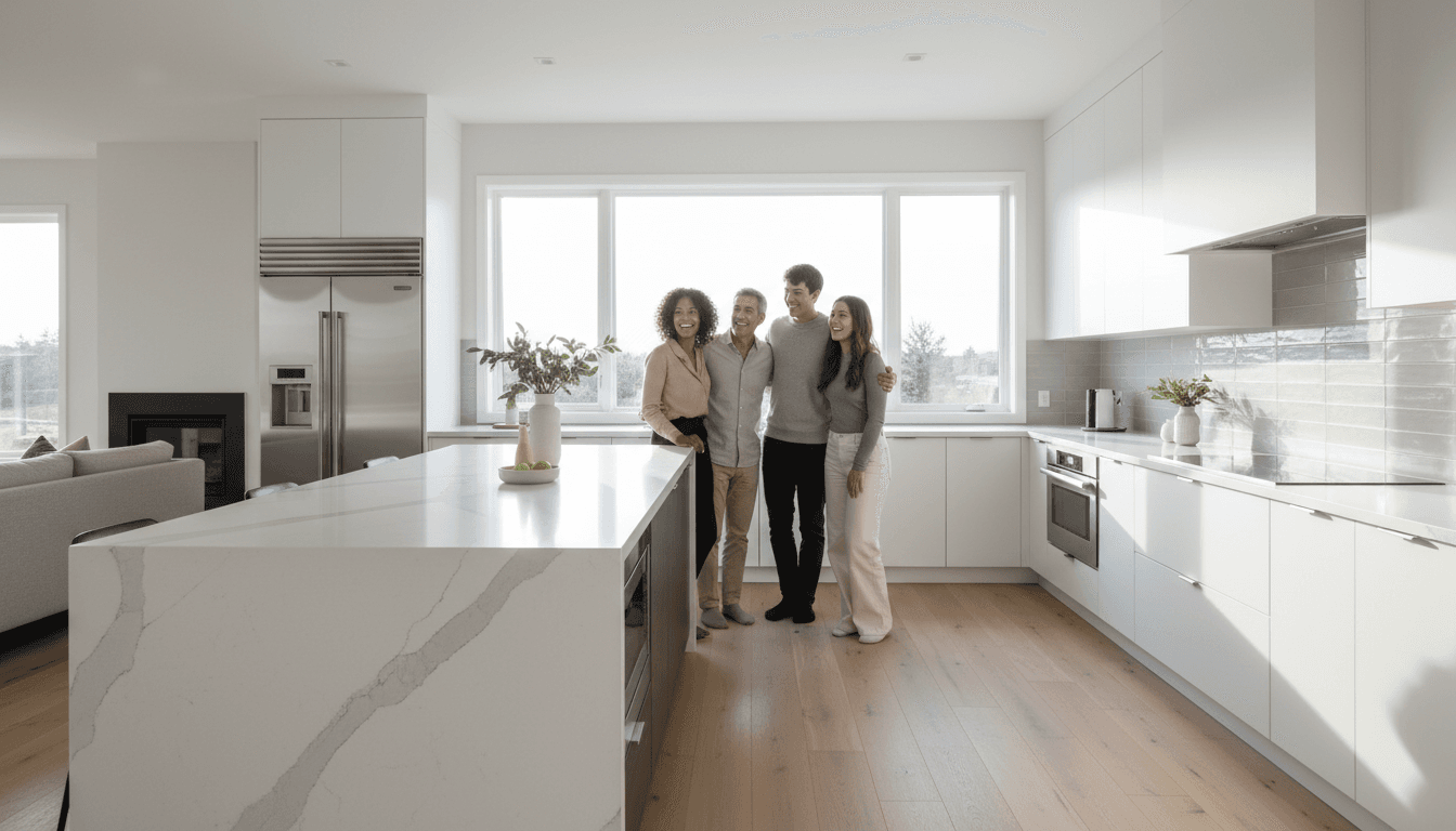 Modern renovated kitchen with white cabinetry and marble countertops