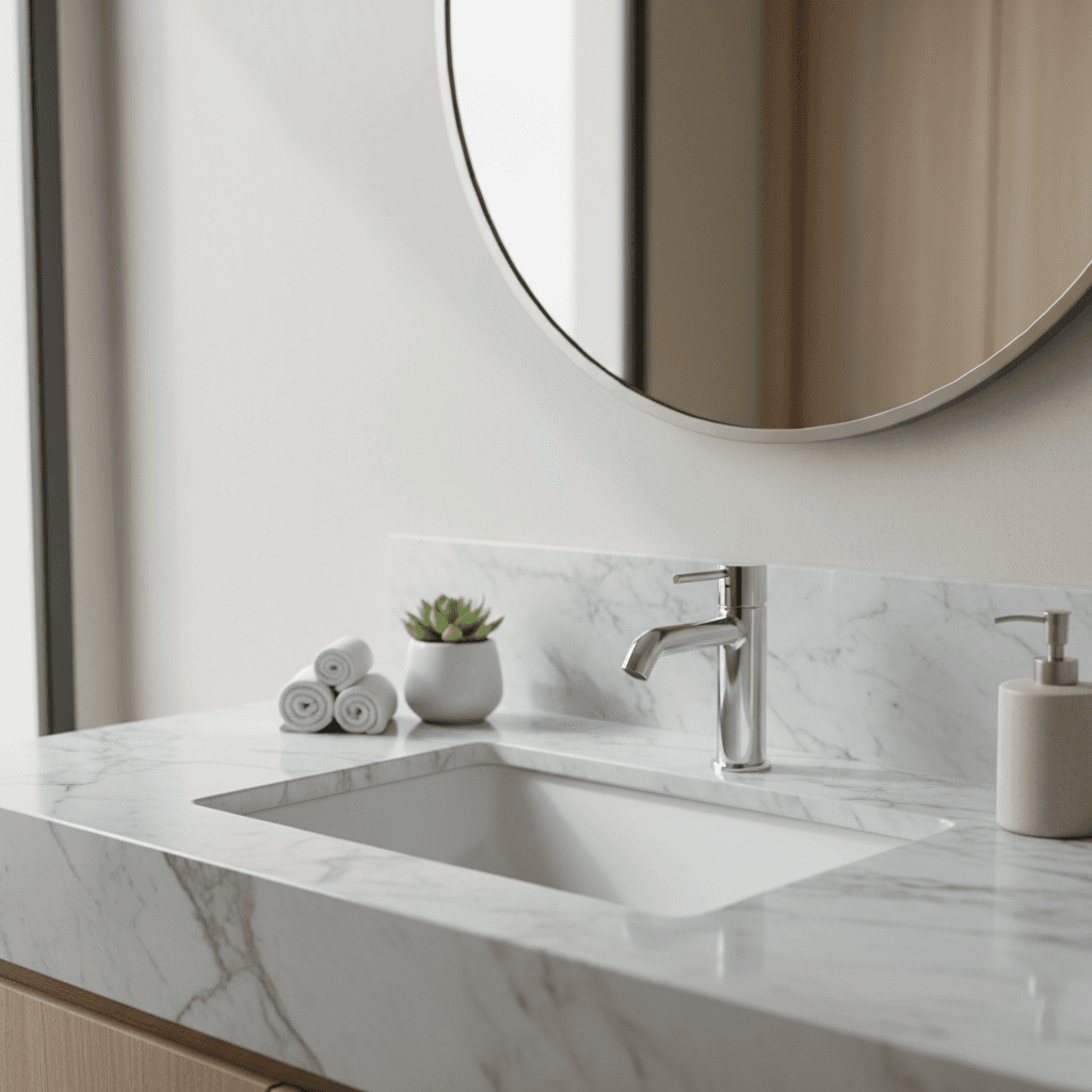 Modern bathroom vanity with white sink and contemporary faucet