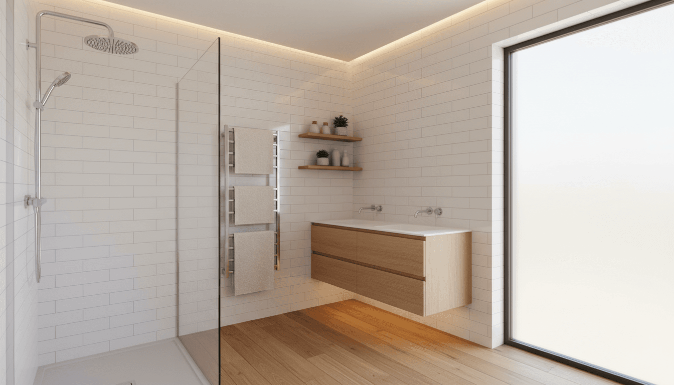 Finished bathroom with updated lighting and clean finishes
