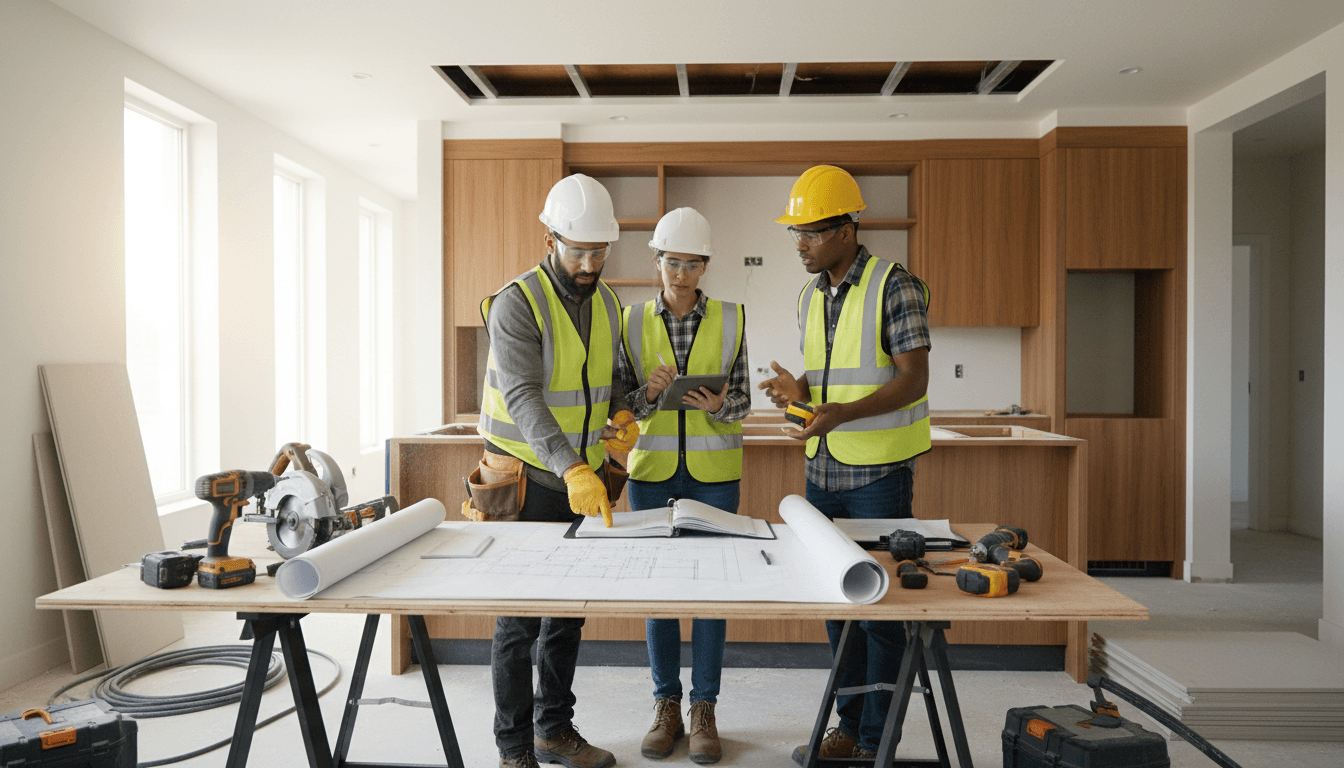 Impire Remodeling team discussing kitchen renovation project with homeowner