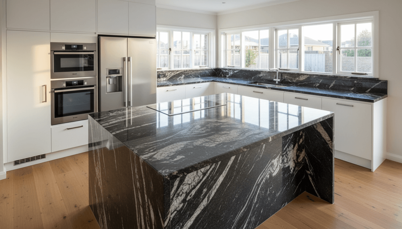 Modern kitchen with granite countertop and professional lighting