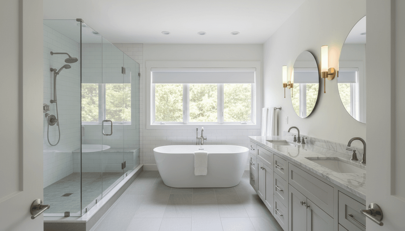 Bathroom renovation: spacious shower and updated fixtures in bright modern space