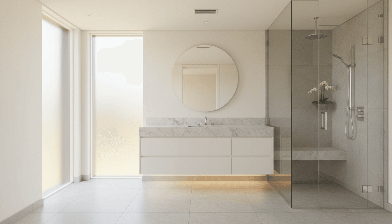 Luxury bathroom renovation with modern fixtures and marble tile